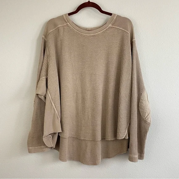 Free People FP One Blake Thermal Waffle Knit Patch Elbows Top Moon Rock Size S - Picture 3 of 8